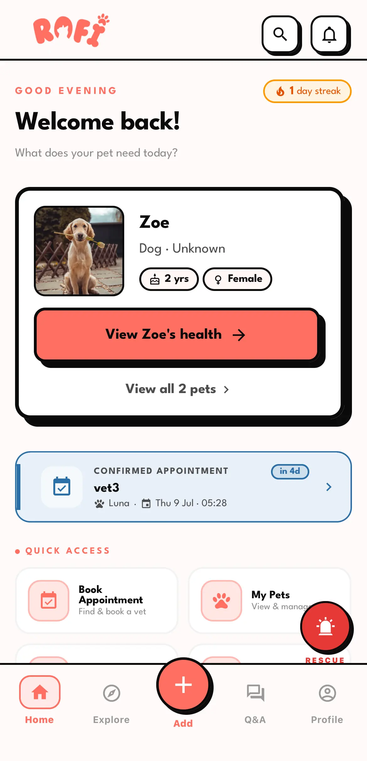 The Rofi home screen: a welcome greeting, a profile card for Zoe the dog with a shortcut to her health records, a confirmed vet appointment, and quick actions.
