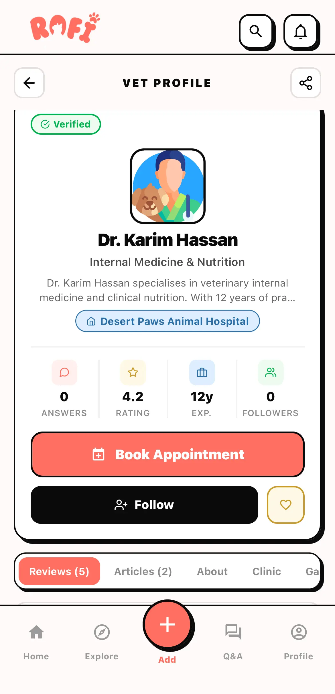 A vet profile for Dr. Karim Hassan, showing rating, years of experience, and a Book Appointment button.